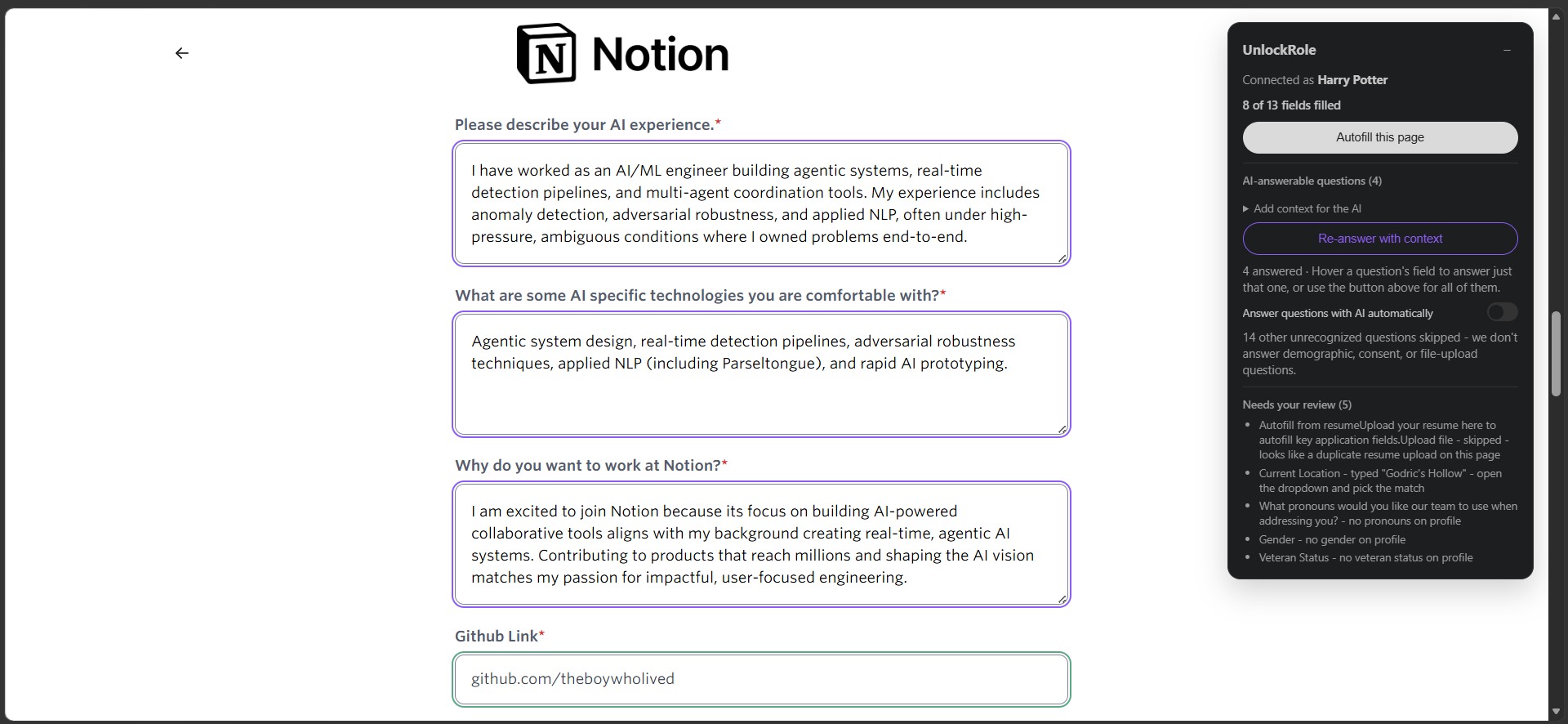 Three open-ended application questions filled with AI-drafted answers outlined in violet, with a Re-answer with context button in the panel