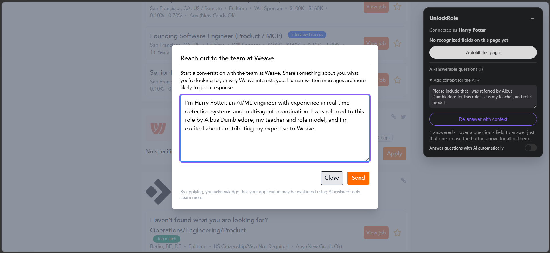A 'Reach out to the team' modal with an AI-drafted intro message, and the UnlockRole panel showing an 'Add context for the AI' box and a Re-answer with context button
