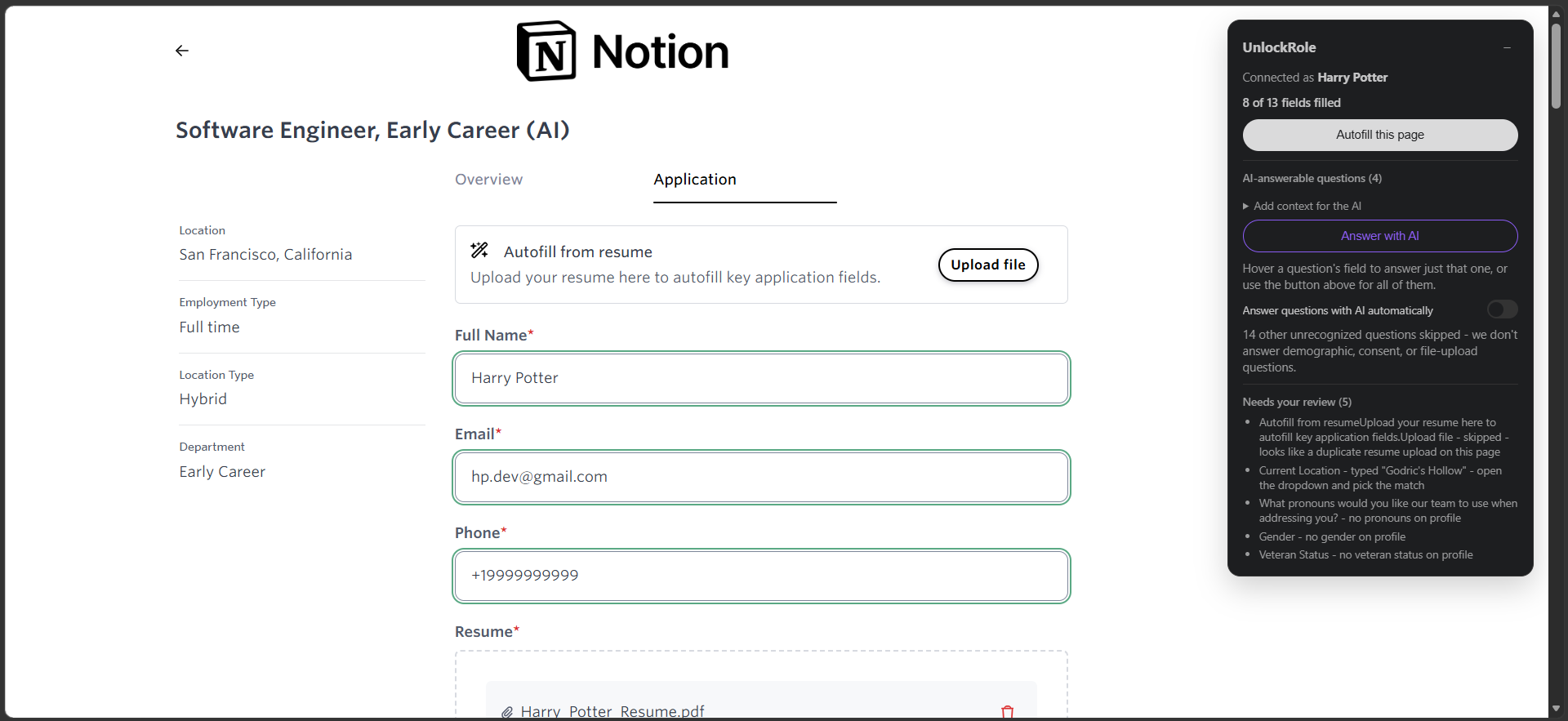 A job application form with the UnlockRole panel open on the right, showing 8 of 13 fields filled and a list of fields that need review