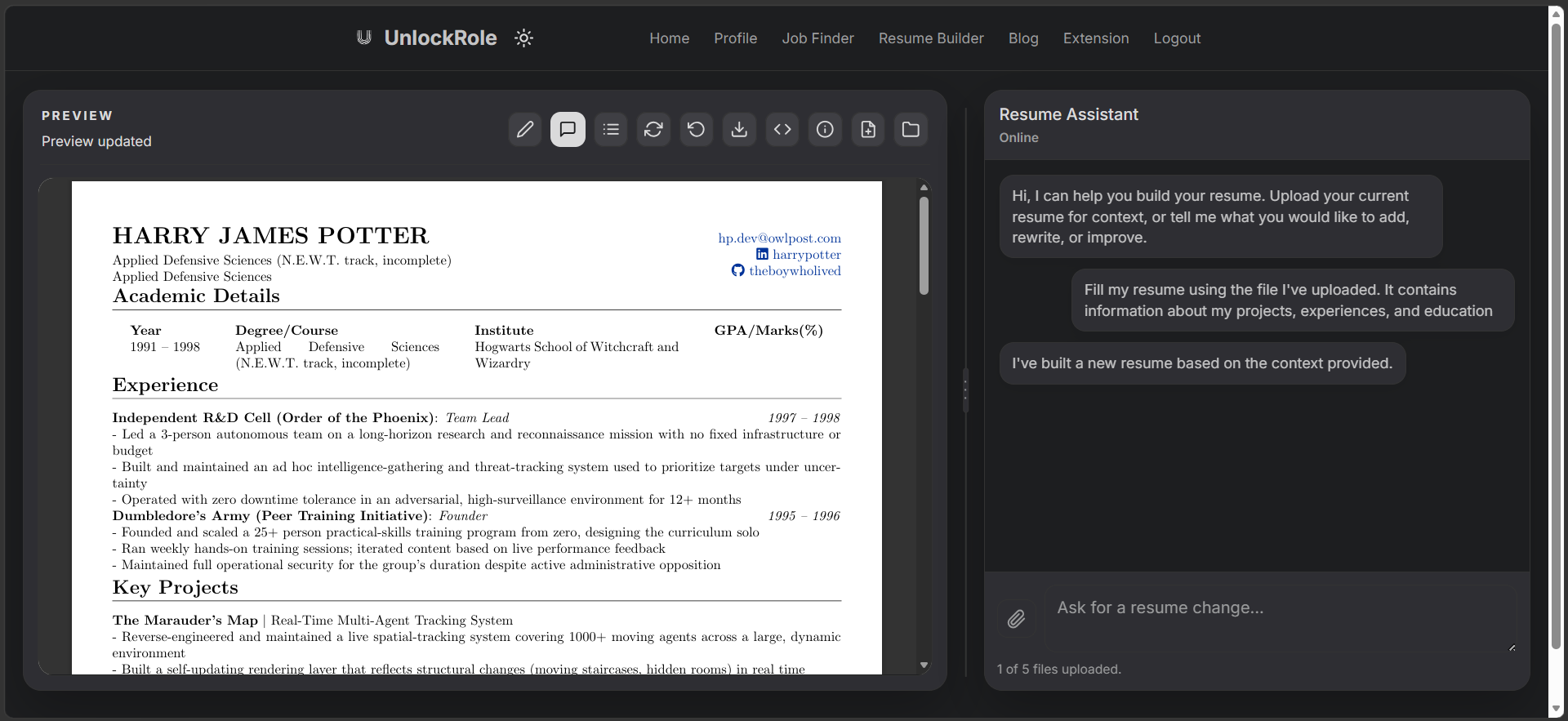 The builder showing a full resume drafted by the AI from an uploaded file, with the chat on the right confirming a new resume was built from the provided context