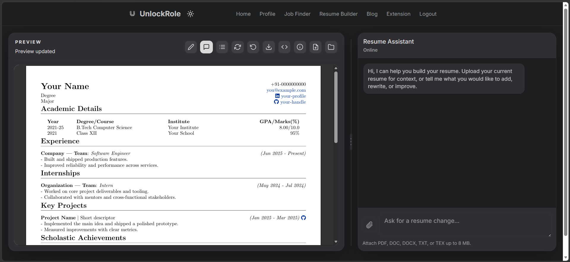 The Resume Assistant panel open on the right side of the builder, inviting the user to upload their current resume or describe what to add, rewrite, or improve