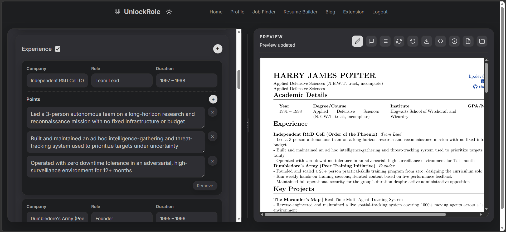 The builder in form-editing mode, with an Experience section open on the left showing company, role, duration and bullet points, and the live PDF preview on the right
