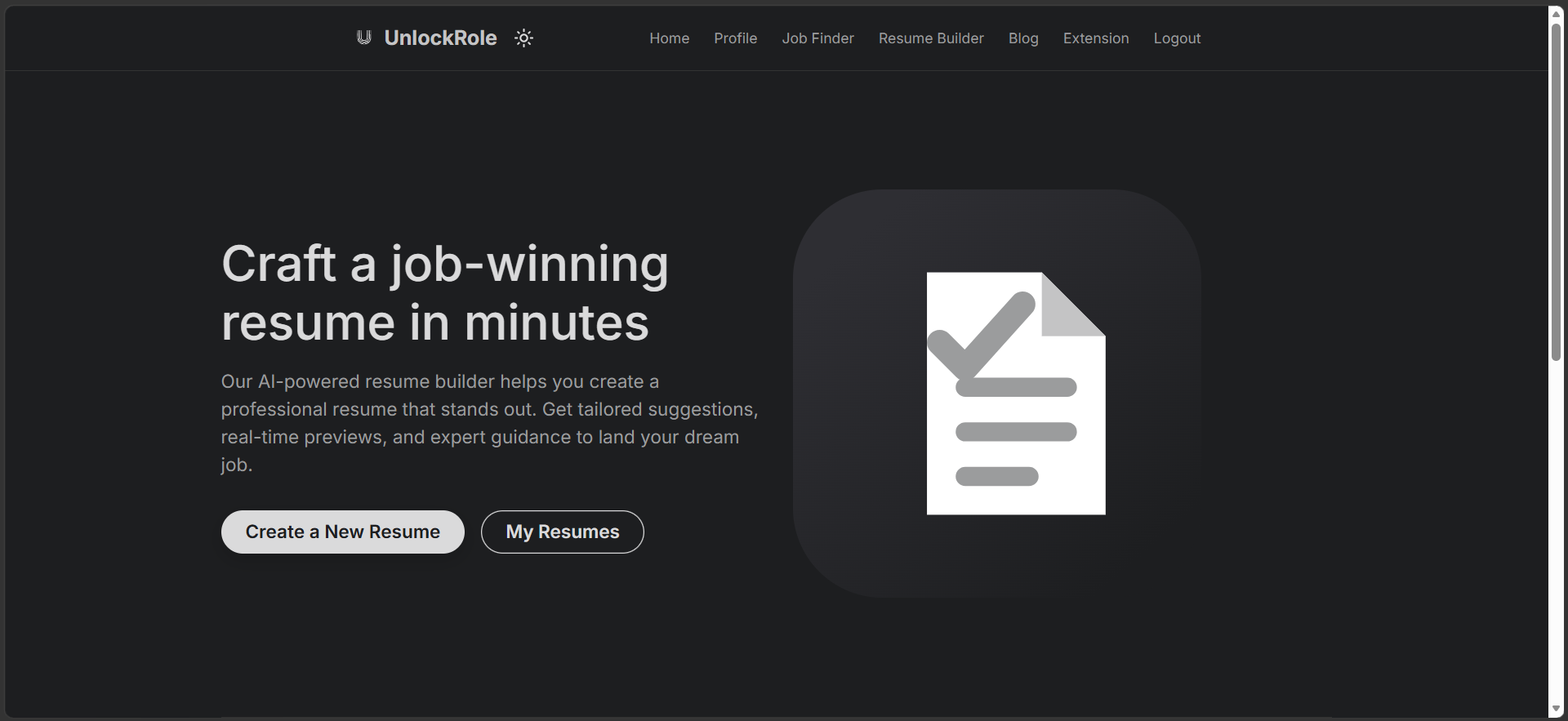 The Resume Builder landing page with the heading 'Craft a job-winning resume in minutes' and buttons to create a new resume or view saved resumes
