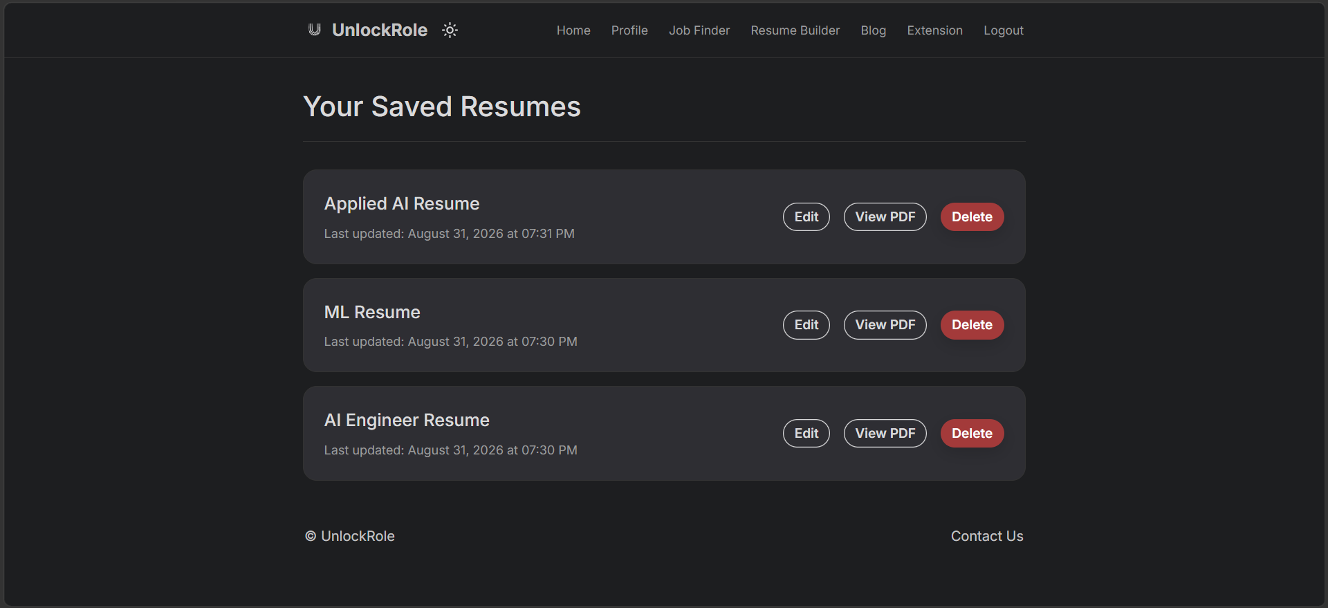 The 'Your Saved Resumes' page listing three saved resumes named Applied AI Resume, ML Resume, and AI Engineer Resume, each with Edit, View PDF, and Delete buttons