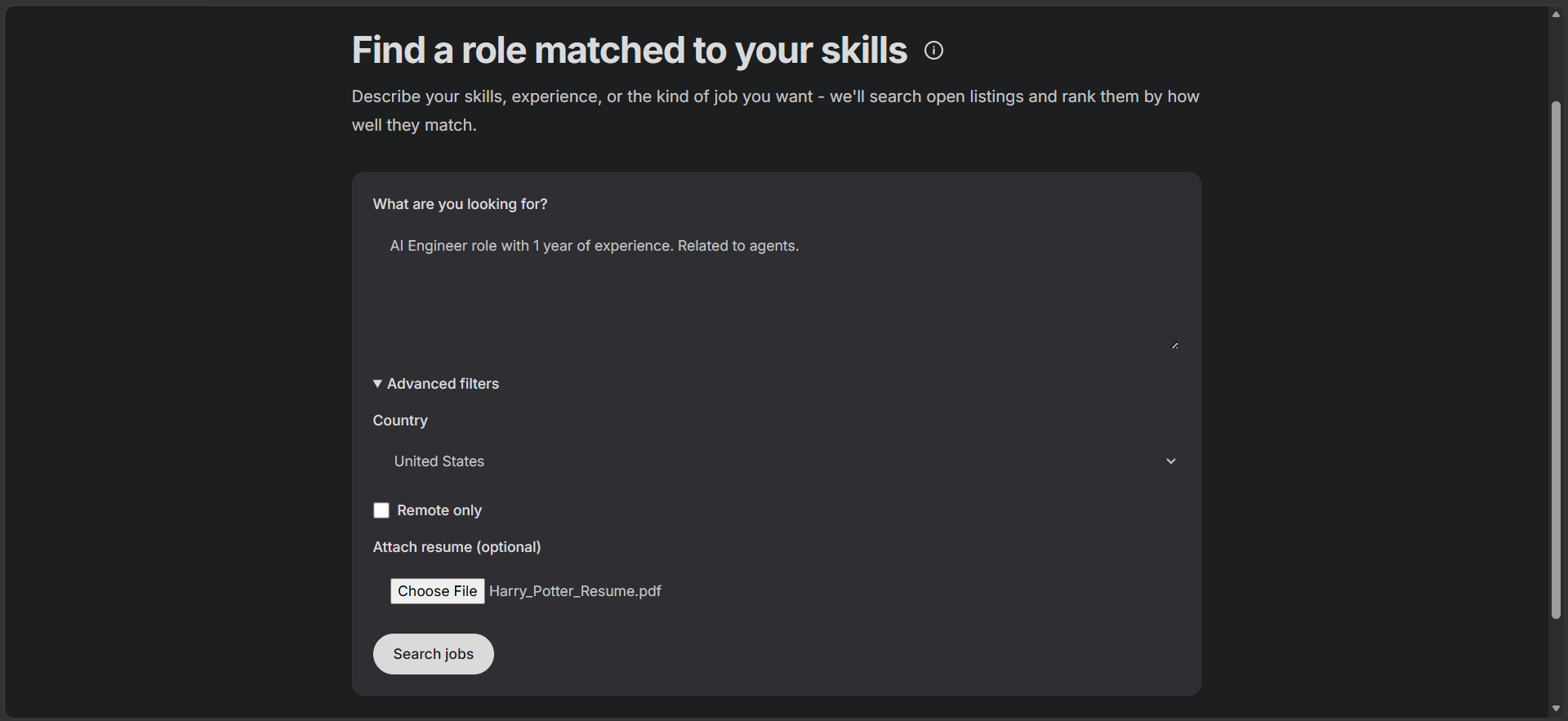 The Role Finder search form with Advanced filters expanded, showing a Country dropdown set to United States, a 'Remote only' checkbox, and an 'Attach resume (optional)' file picker with Harry_Potter_Resume.pdf selected