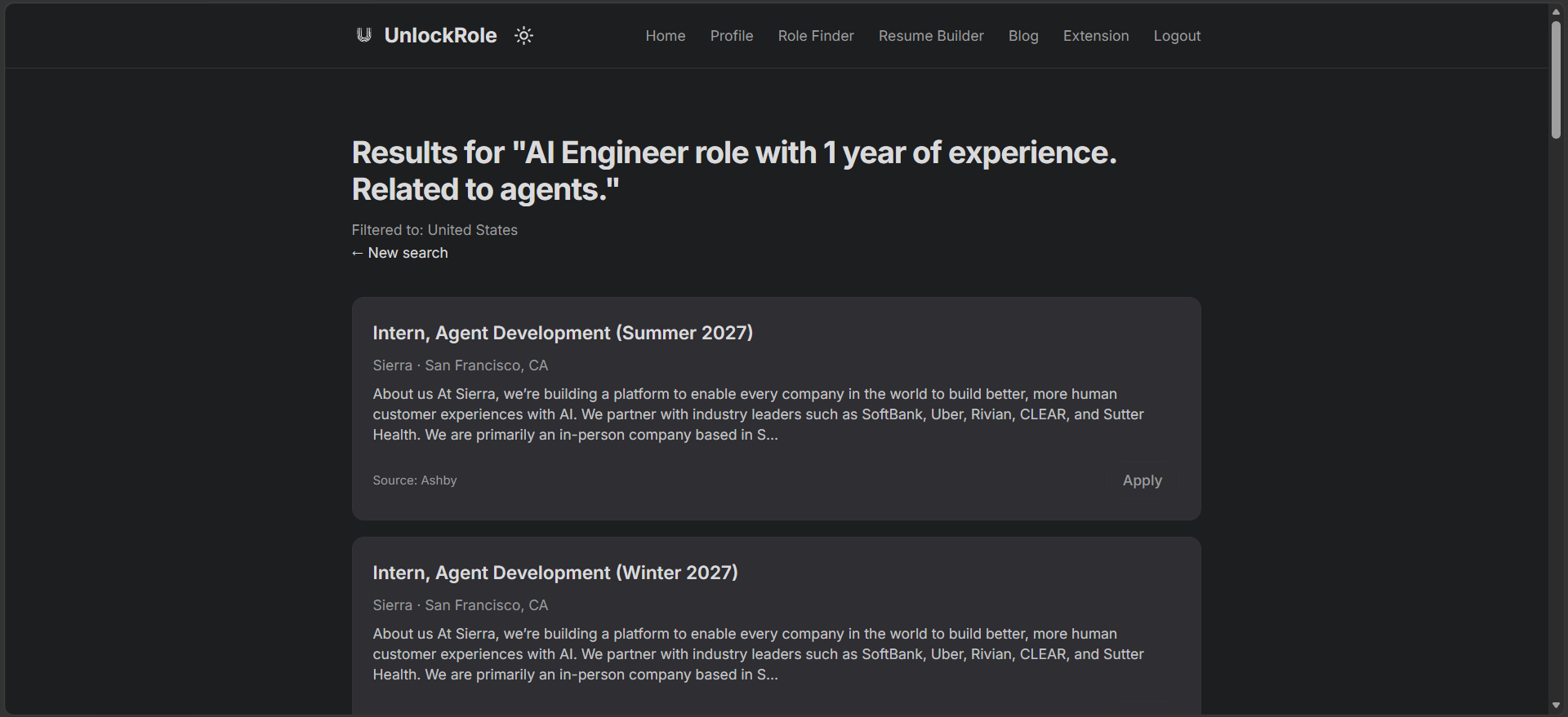 A Role Finder results page for 'AI Engineer role with 1 year of experience. Related to agents.' filtered to United States, showing two 'Intern, Agent Development' cards from Sierra in San Francisco, each with a description snippet, a 'Source: Ashby' label, and an Apply link