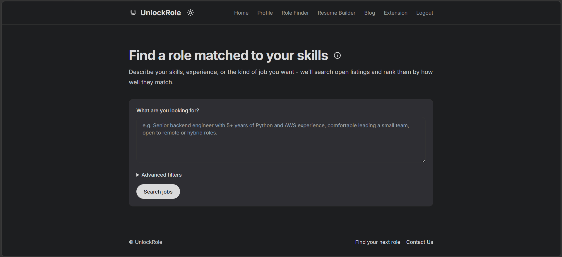 The Role Finder search page with the heading 'Find a role matched to your skills' and a large text box prompting the user to describe their skills, experience, or the kind of job they want